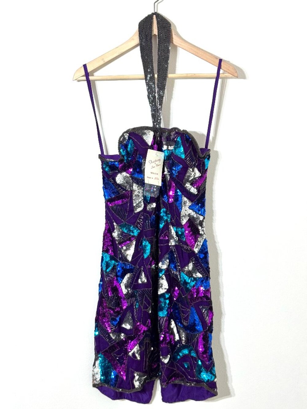 Vtg Lisa Kane Silk Beaded Sequin Mini Dress Disco Geometric Halter Bodycon Party
